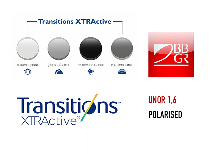 Фотохромные поляризационные линзы для очков BBGR UNOR 1.6 Transitions® XTRA Polarised